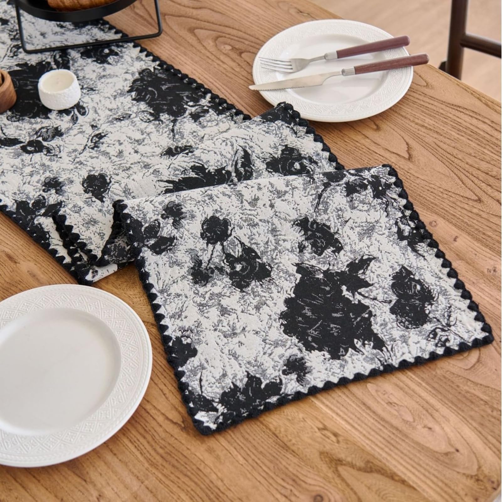 Tischläufer Landhausstil Polybaumwolle, Tischläufer Wohnzimmer 30x350 cm, Schwarzes Jacquard mit Blumenmuster