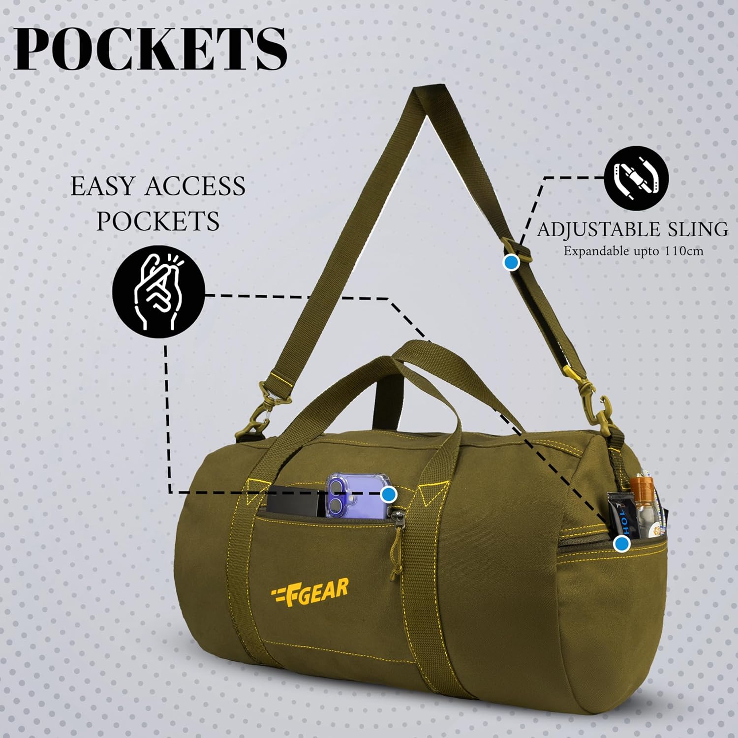 F Gear Sergeant Olive Canvas Medium 49L Travel Duffle Cabin Bag with Detachable Shoulder Strap|Stylish & Spacious for Sports|Training Foldable Lightweight Hand Bag, Green, M, Sergeant Olive Canvas