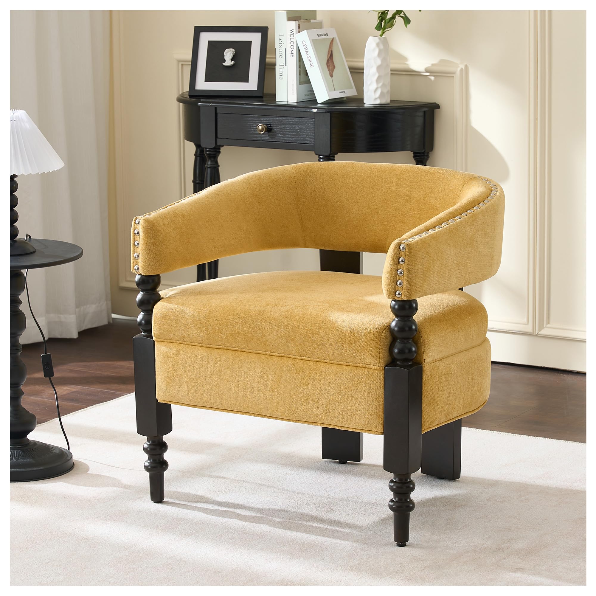 adochr Modern Barrel Accent Chair, Chenille Fabric Upholstered Armchair with Solid Wood Legs, Cozy Leisure Nook Reading Chair with Comfy Seat for