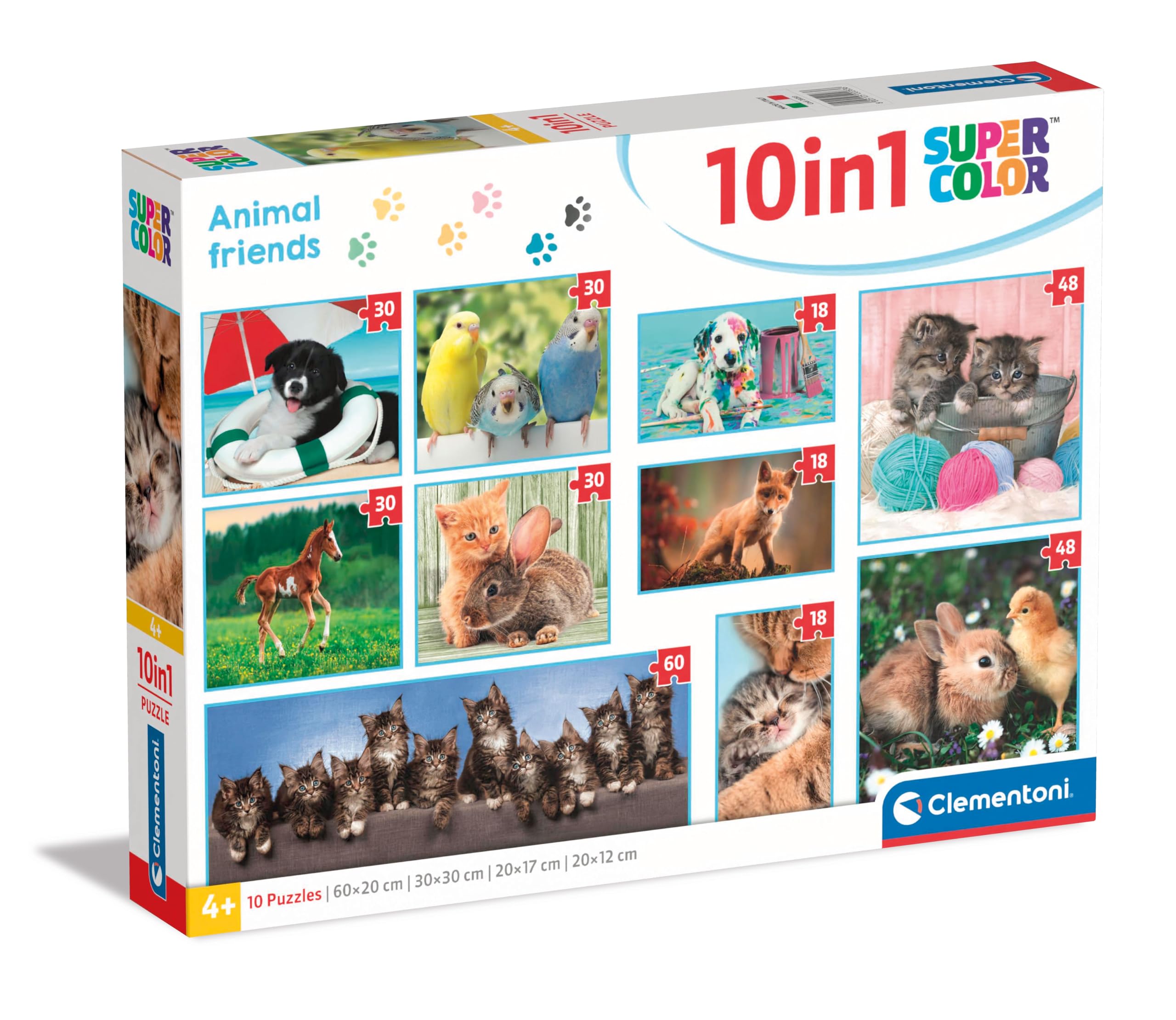 Clementoni Jigsaw Puzzle 10 In 1 Animal Friends (60+2x48+4x30+3x18 Pieces) - Supercolor Puzzle For Children 4-6 Years, Realistic, Animals, Gift For Boy/Girls, Puzzle For Kids, Made In Italy, 20283