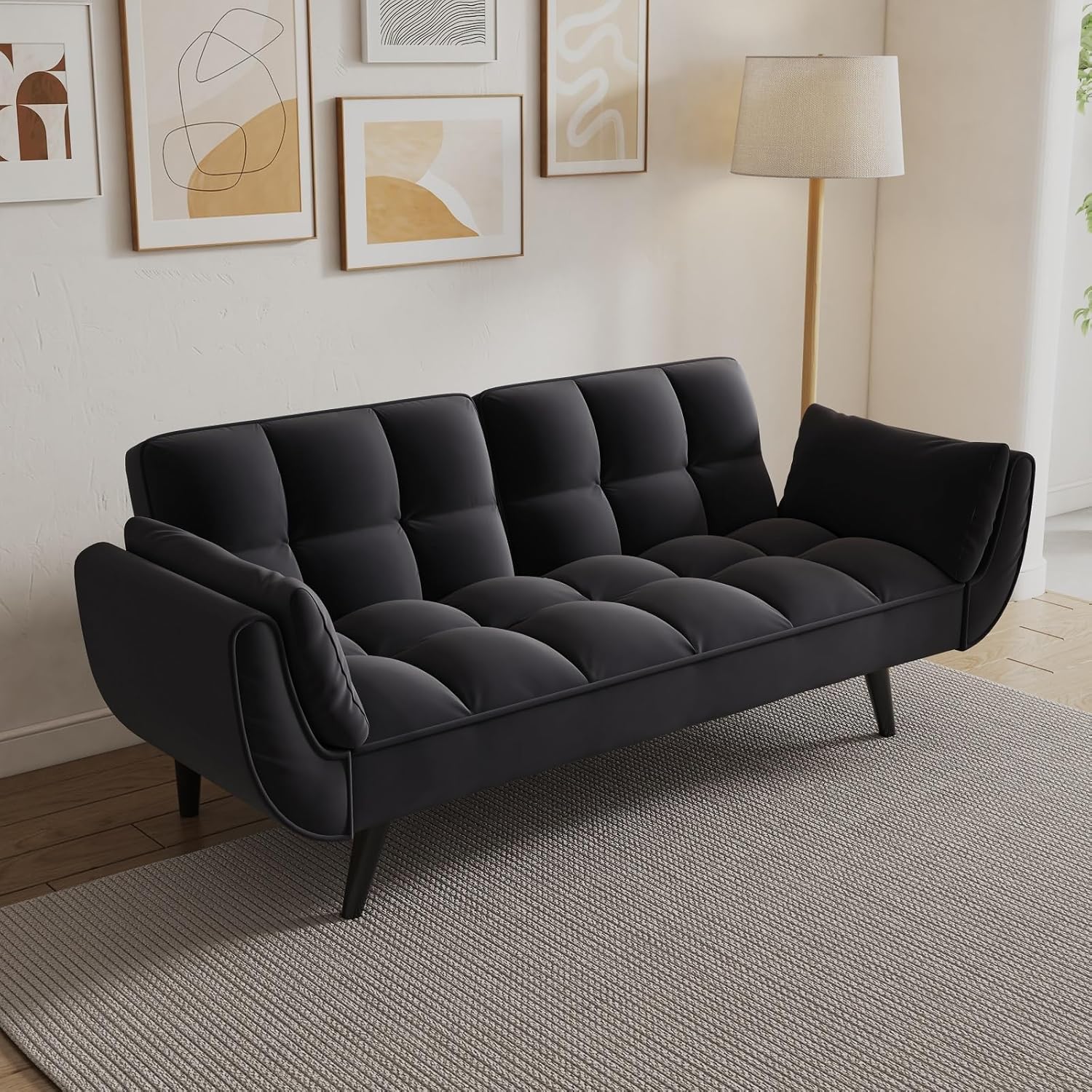 Majnesvon Velvet Futon Sofa Couch Bed with 2 Pillows, Convertible Folding Futon Couch with Adjustable Backrest, Love Seat Sleeper Sofa Bed for Small Spaces, Living Room, Office, Apartment (Black)