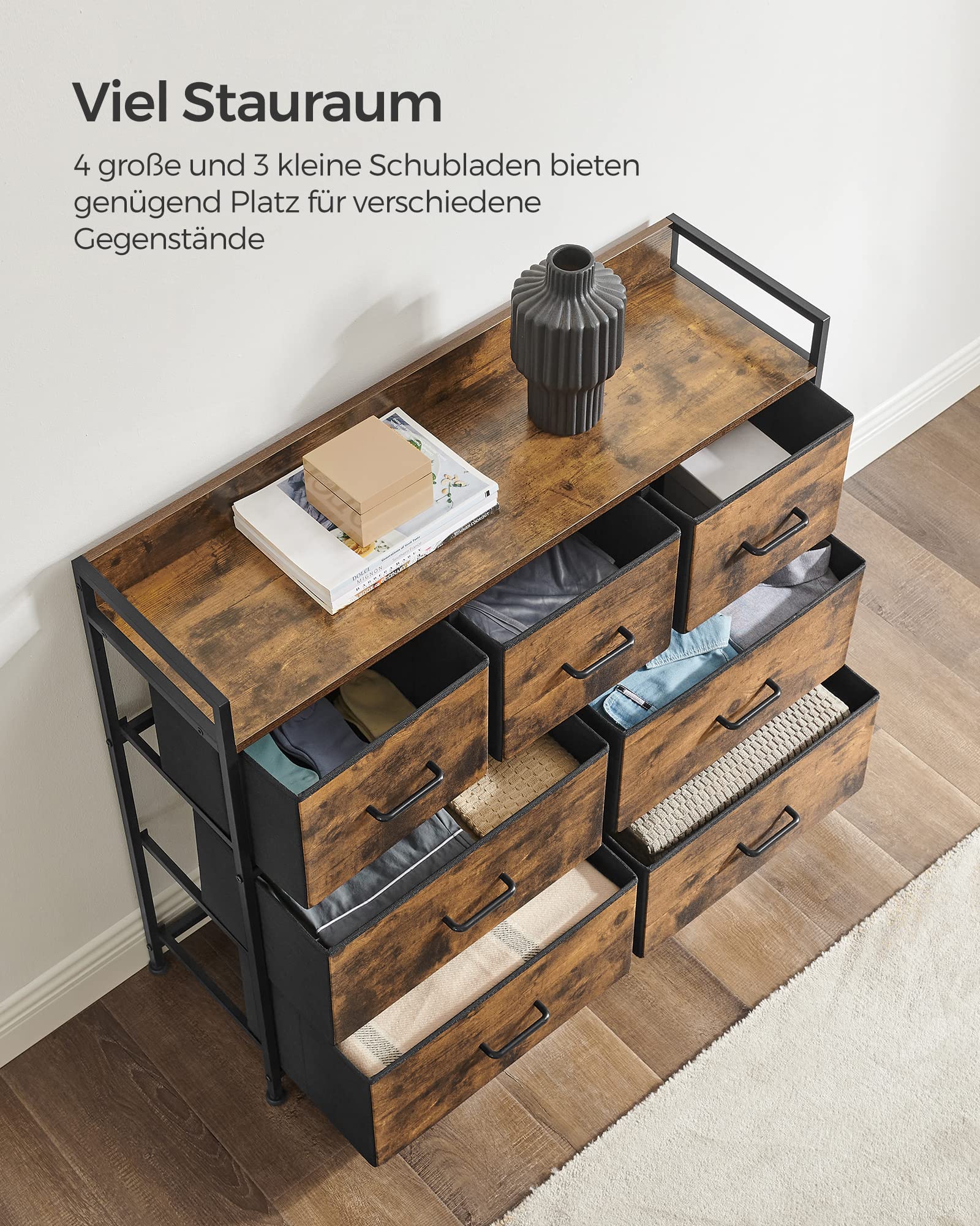 SONGMICS BELLAH Kollektion - Kommode, Schrank, 7 Stoffschubladen mit Griffen, Metallgestell, Industrie-Design, vintagebraun-tintenschwarz LTS137BH01