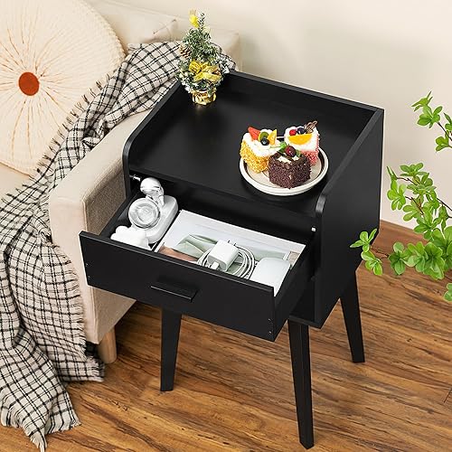 Miniatura 4 de Lerliuo Mesita de noche negra, mesa auxiliar de cama moderna de mediados de siglo con cajón y patas de madera maciza, mesita de noche con