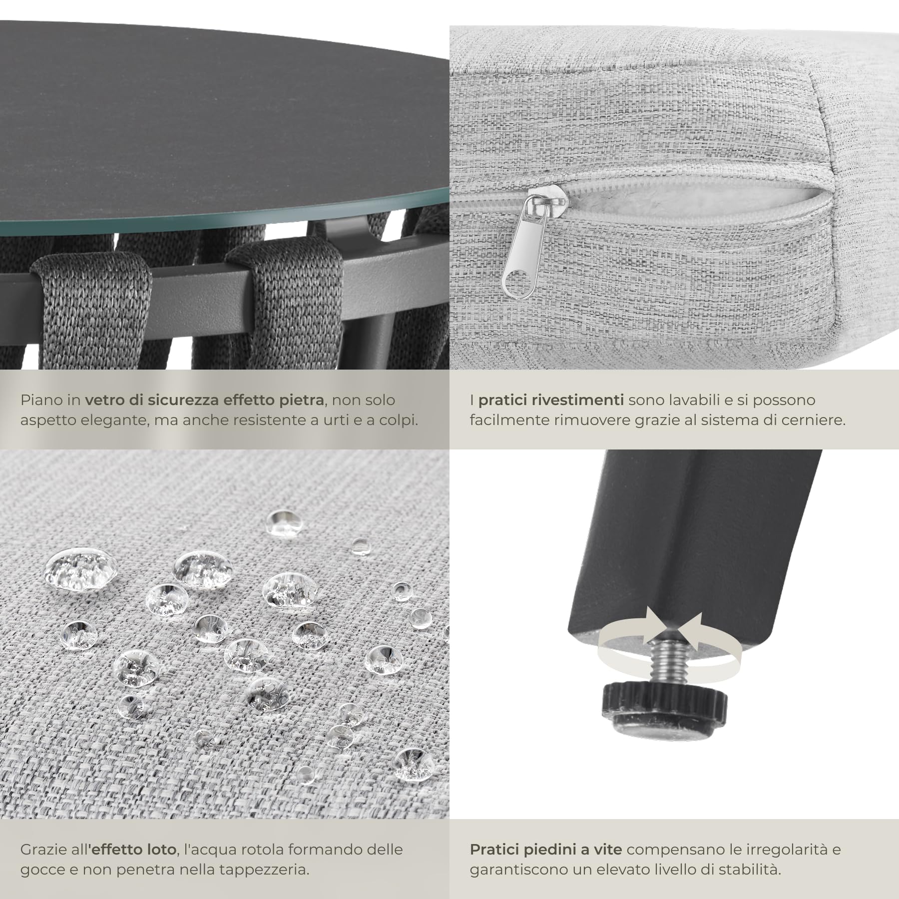 tectake® Set Salotto da Giardino esterno, 2 Sedie, 1 Tavolino da Salotto in vetro, Set Mobili da Esterno in Corda, Tavolo con Sedie Relax, Poltroncina Arredo Giardino, Piscina, Terrazza Balcone - Gray