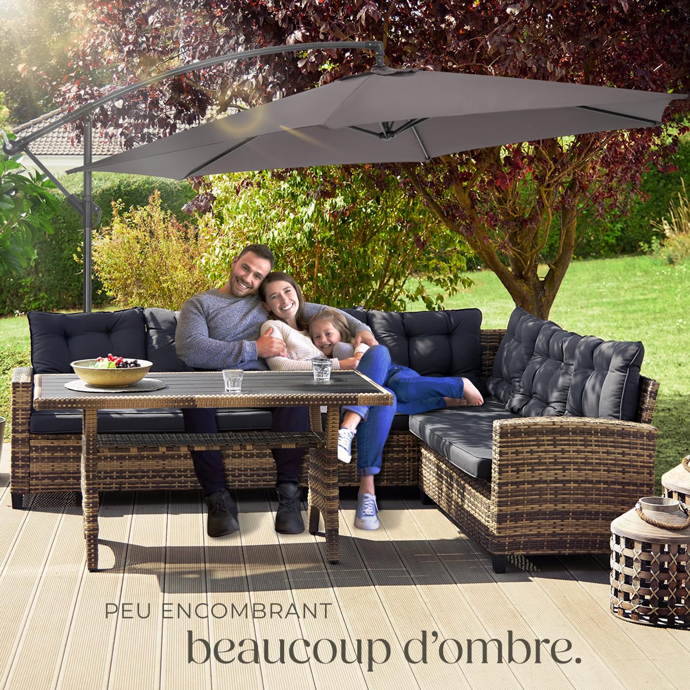 tectake® Parasol de Jardin Exterieur Parasol Déporté Héxagonal à manivelle Cadre en Acier, Ø 350 cm, Inclinaison réglable, Protection UV, Résistant au vent, Housse de protection pour Parasols incluse