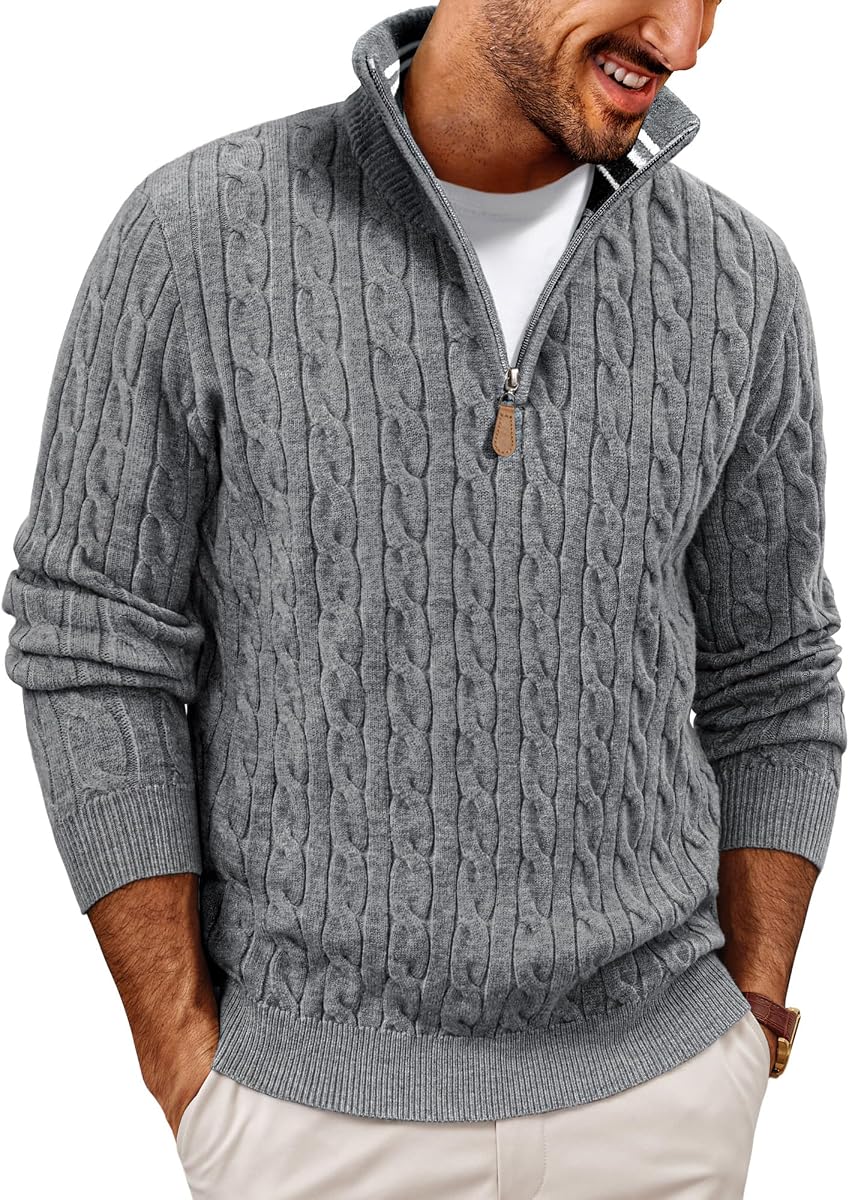 PJ PAUL JONES Mens Quarter Zip Cable Knit Pullover Sweater | Long Sleeve, 1/4 Zip Mock Neck, Regular Fit, Twist Knitted Texture, Midweight Warm Fall Winter Clothes