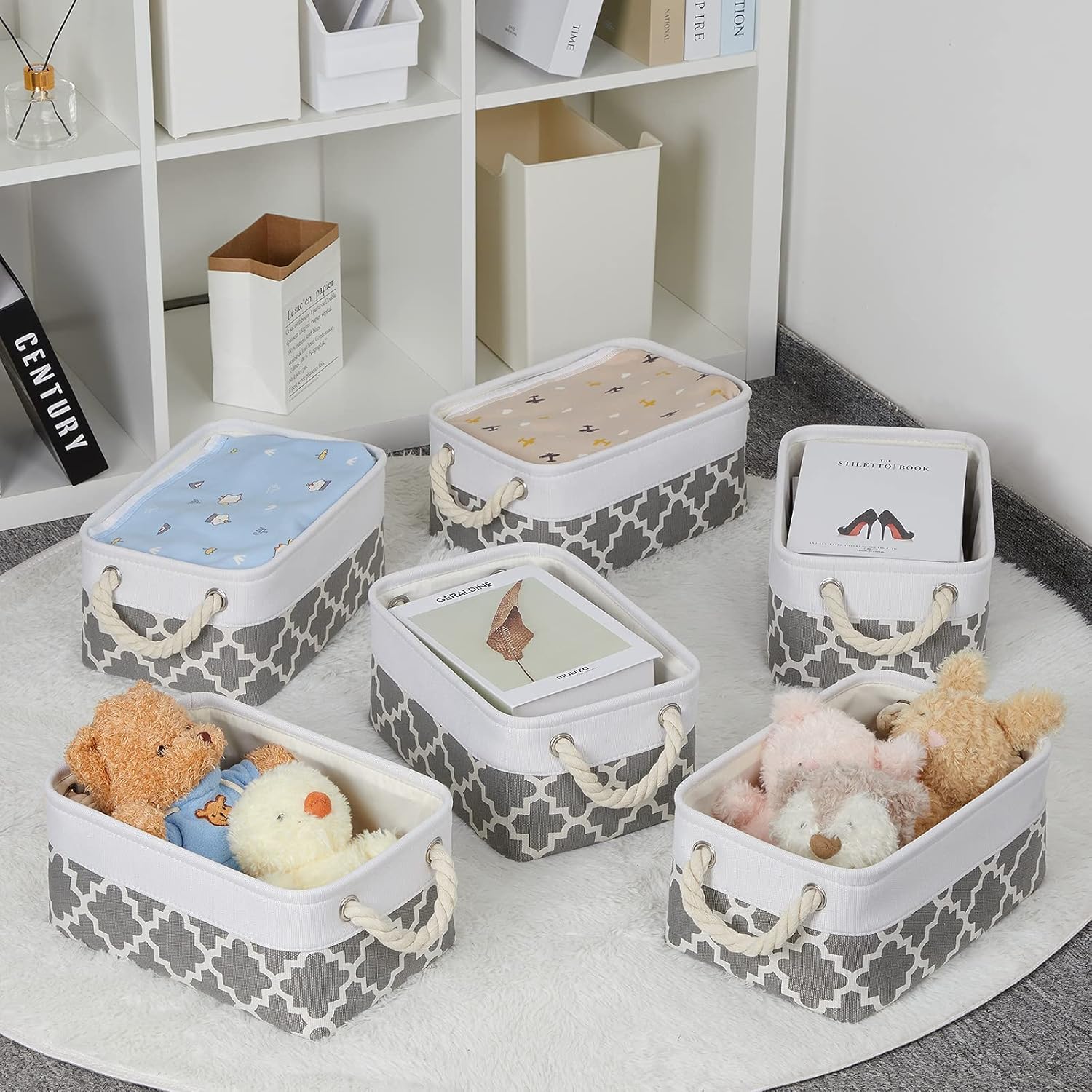 Bidtakay Baskets Set Fabric Storage Bins-White&Quatrefoil Grey Bundled Baskets of 2 Large Baskets 16" X 11.8" X 11.8" + 6 Small Baskets 11.8" X 7.8" X 5"