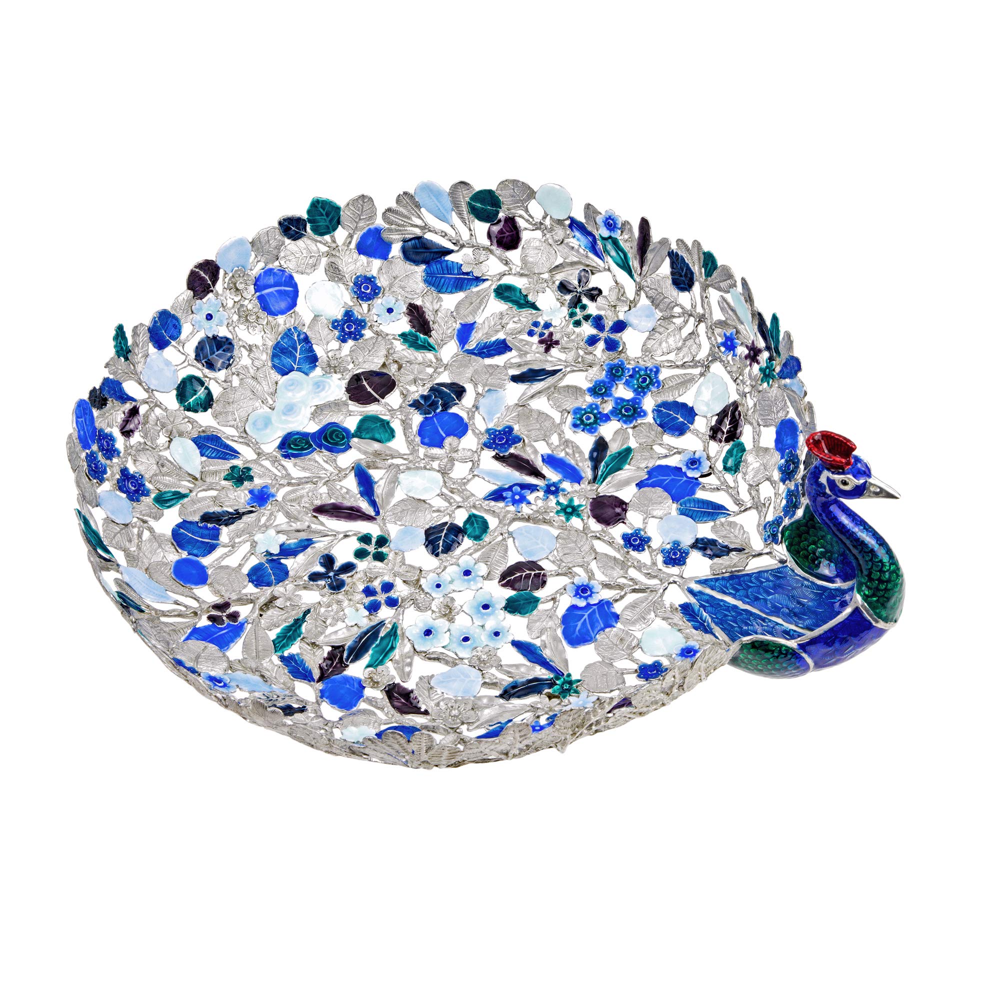 LOYFARPewter Ornamental Tray - Peacock, Tropical Leaf, Large