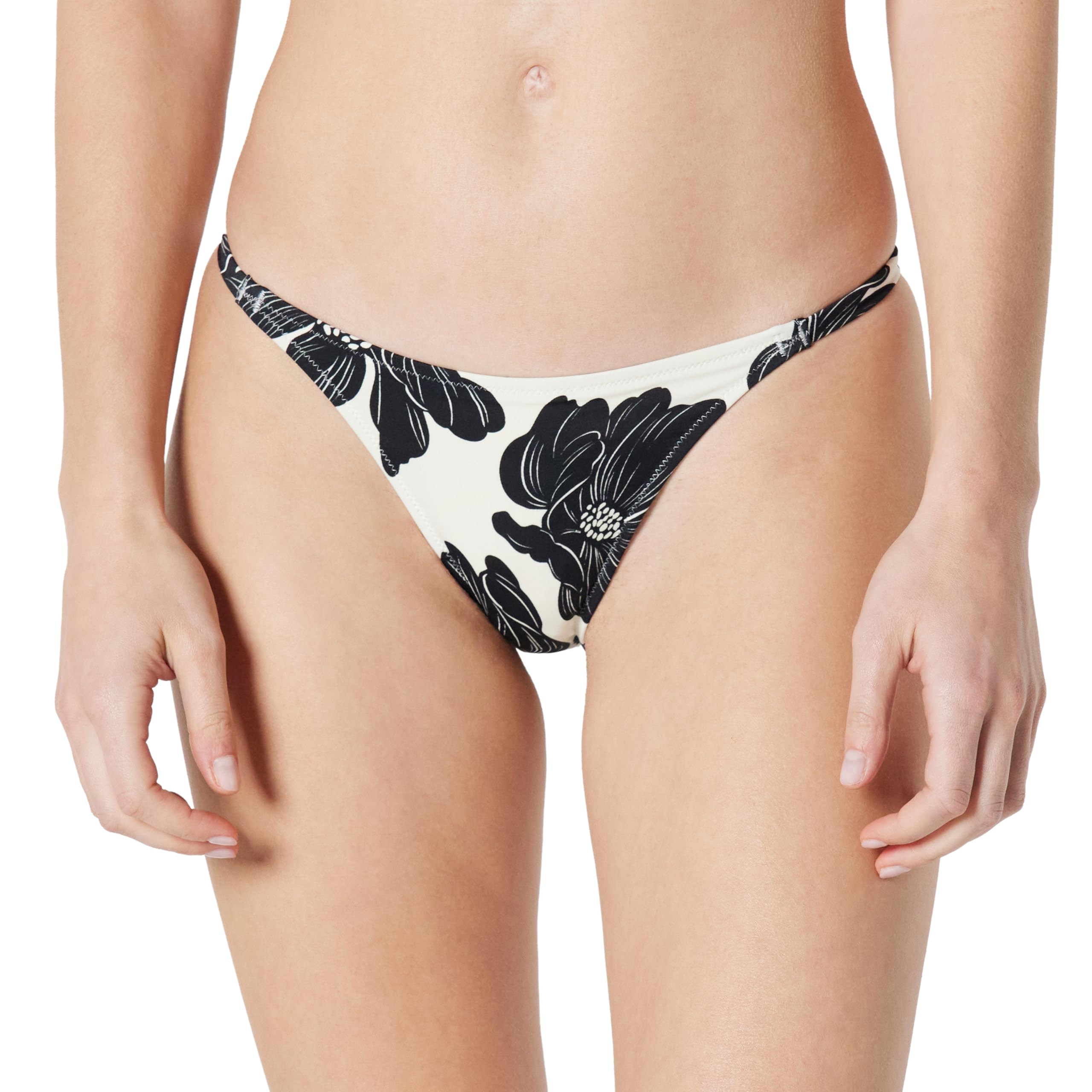 Amazon Essentials Women's No-Tie String Swim Bikini Bottoms, Cream Black Floral, 20