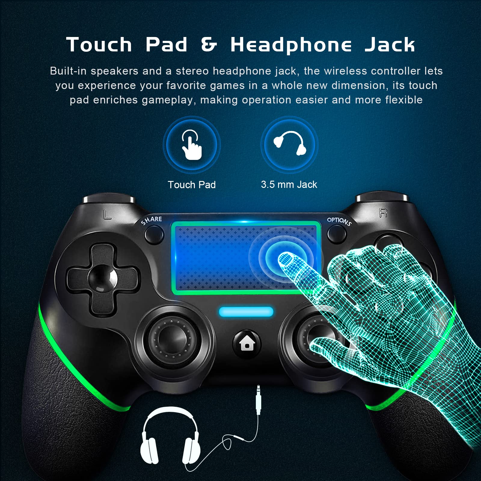 Holilo Controller wireless per PS-4, controller di gioco compatibile con P-S4/Pro/Slim Gamepad con Doppia Vibrazione/Sensore Giroscopico a 6 Assi/Risveglio/Touch Panel-Verde