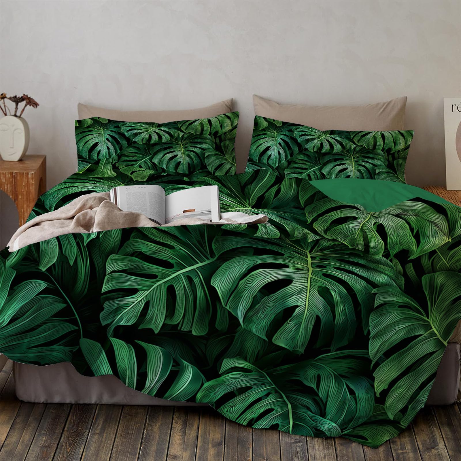 Housse de Couette 200x200 Motif Monstera Vert Foncé Imprimé Jungle Punk
