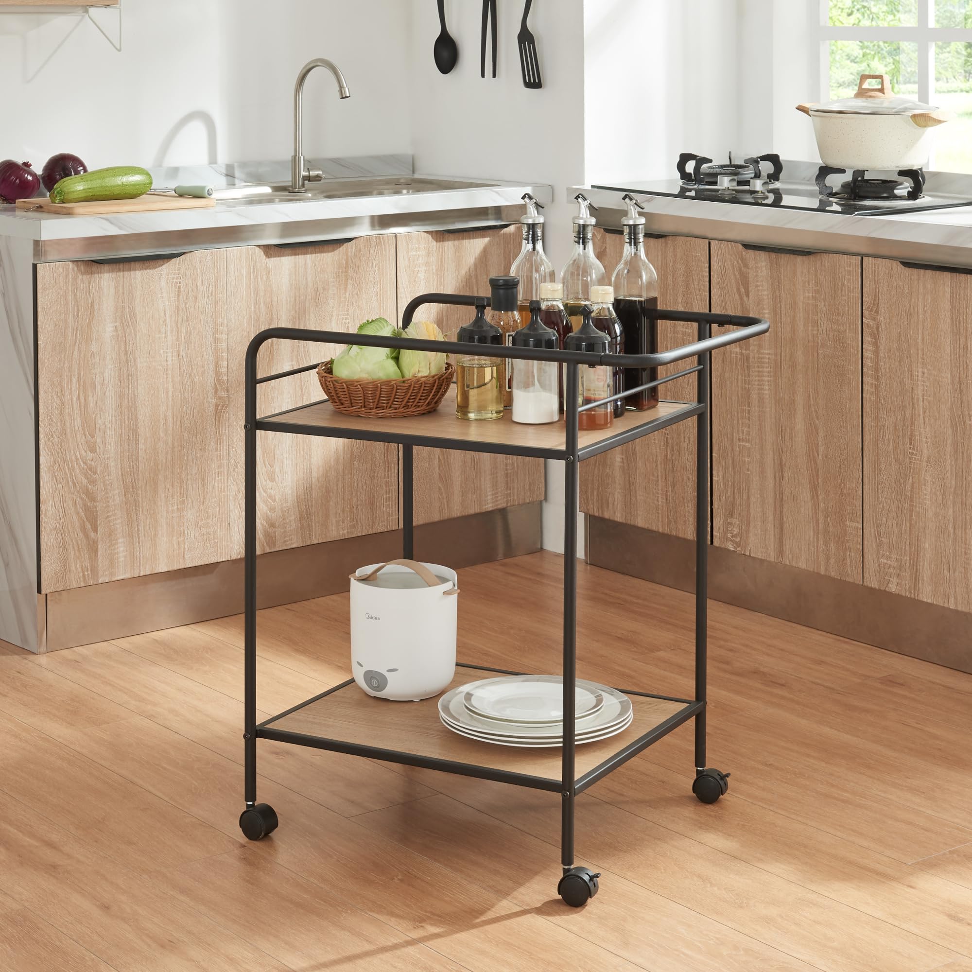 [en.casa] Carrello di Servizio Portavivande a Rotelle con 2 Ripiani Carrellino Portatutto da Cucina Ufficio 72 x 62 x 45 cm - Nero/Effetto Rovere