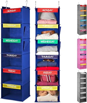 Handy Laundry Hanging Clothes Organizer for Kids - 6-Shelf Closet Daily Clothing Organization Labeled Shelves with Days of The Week Monday Through Friday, Weekday and Weekend Blue