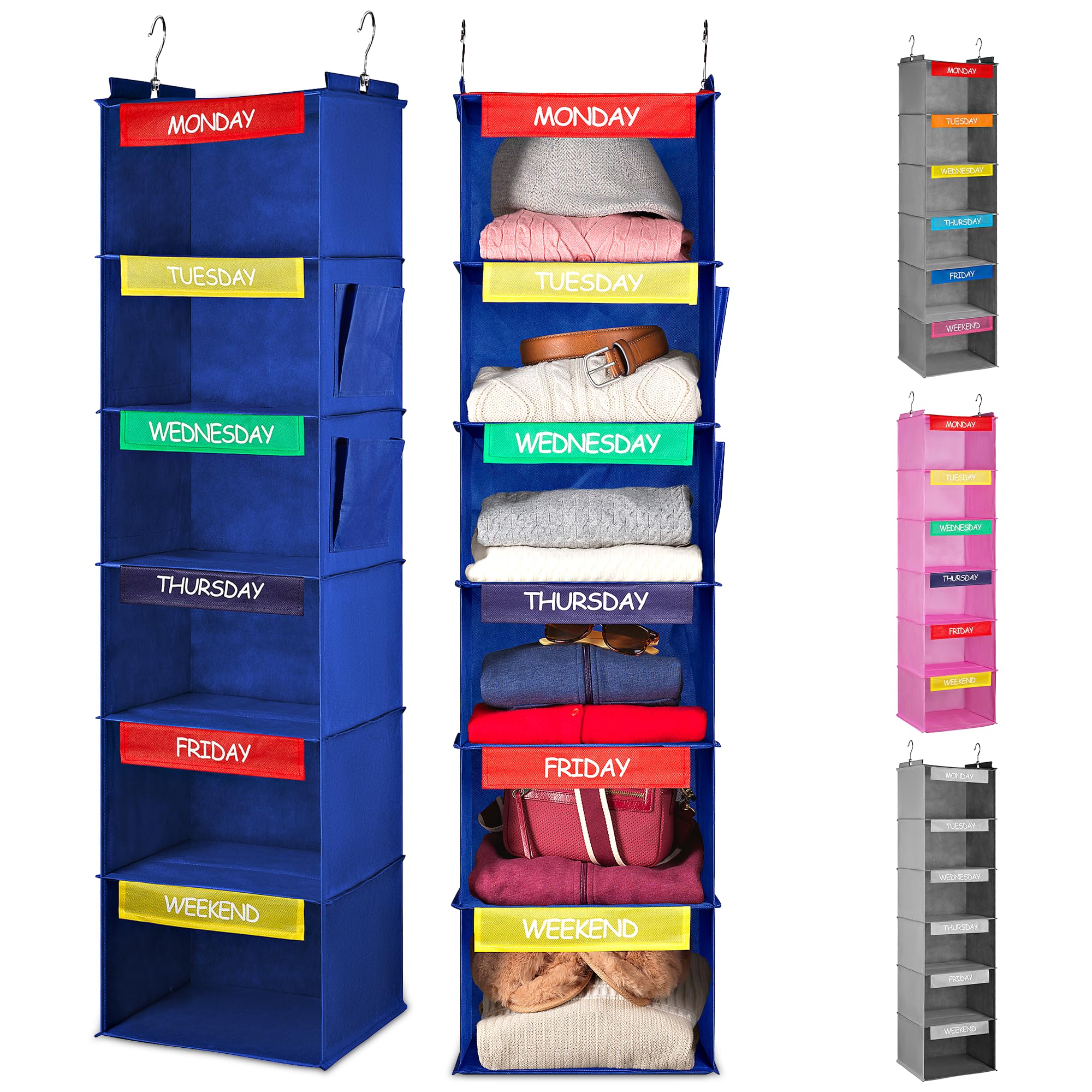Handy Laundry Hanging Clothes Organizer for Kids - 6-Shelf Closet Daily Clothing Organizer with Days of the Week (Blue)