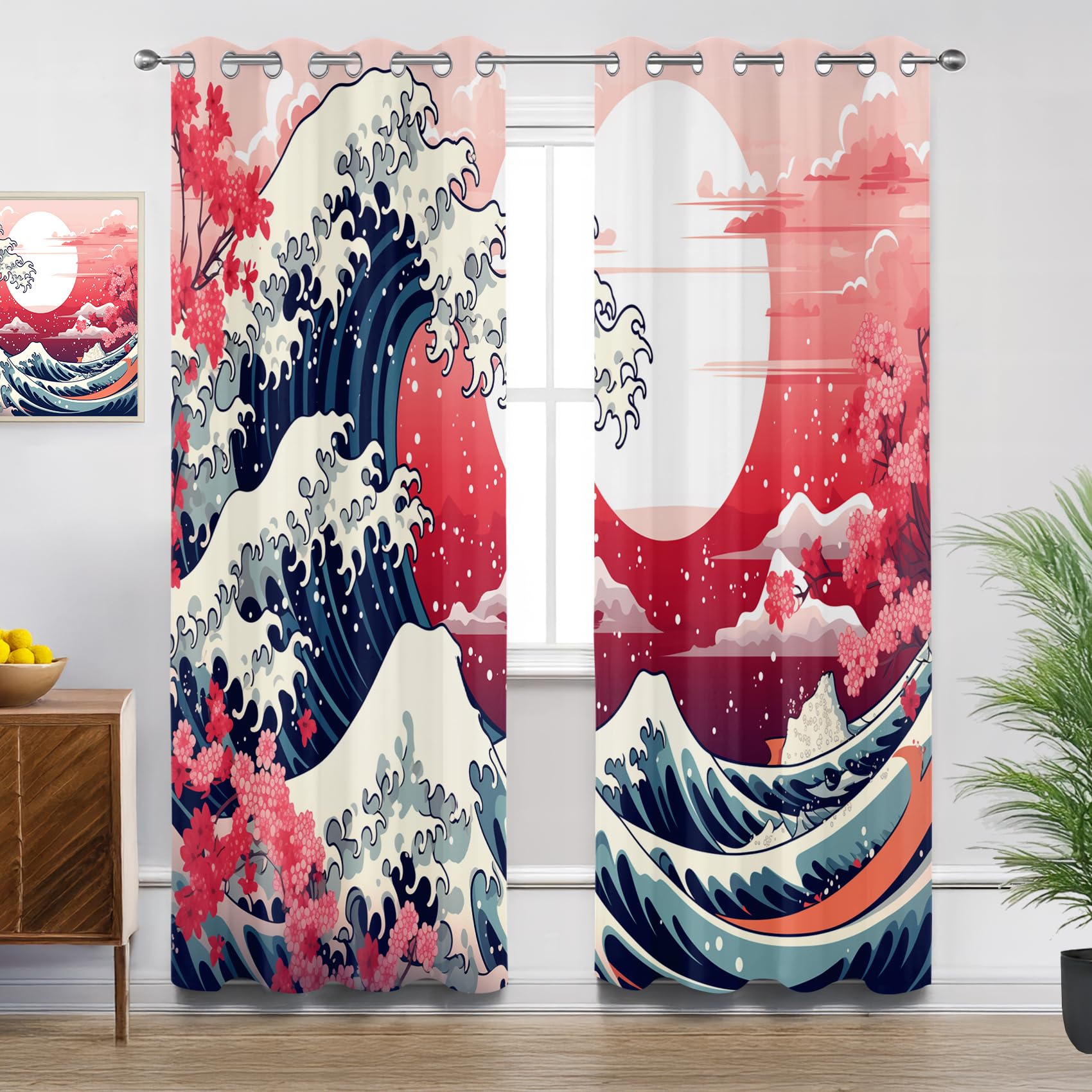 Japanese Curtains for Living Room, Ukiyo-E the Great Wave off Kanagawa Blackout Curtains Thermal Insulated Extra Long Bedroom Curtain Eyelet, W90 X D108, 2 Panels Drapes Home Decorations