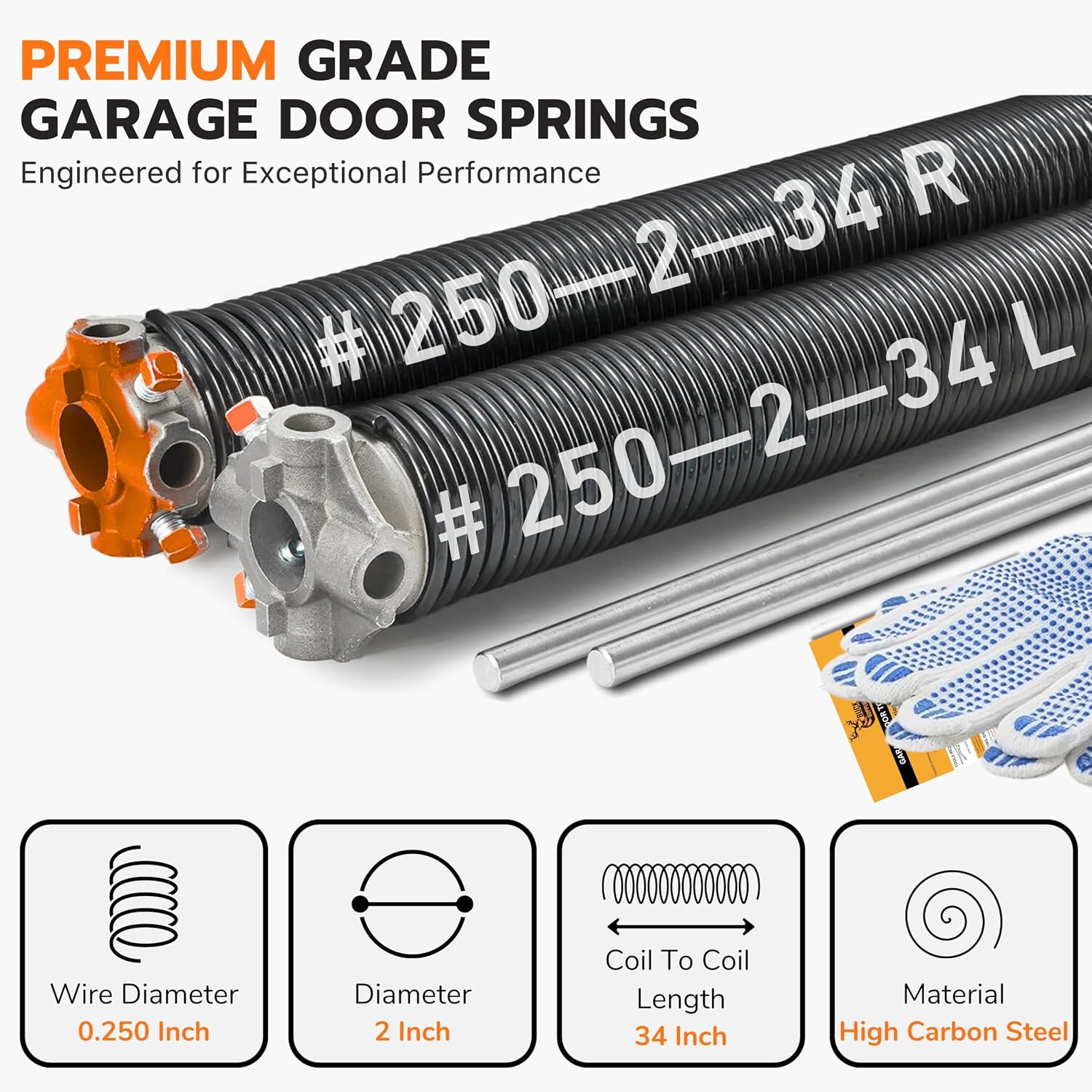 Pair of 2" Heavy Duty Garage Door Spring Replacement Set with Non-Slip Winding Bar & Gloves - Torsion Springs for Garage Door with Electrophoresis Black Coating, Minimum 20,000 Cycles (0.250x2''x34')