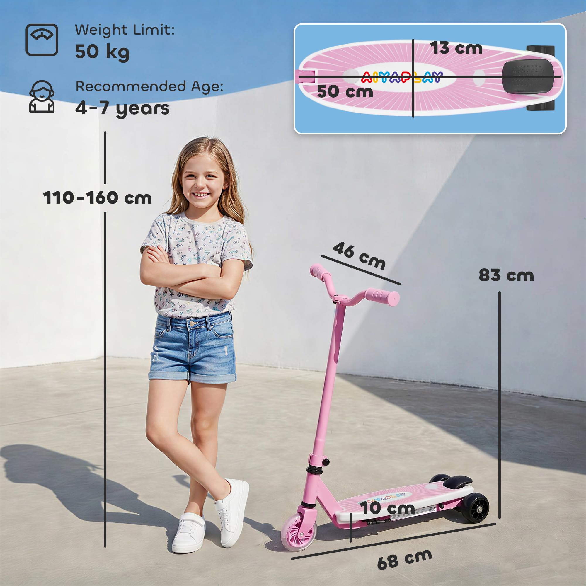 AIYAPLAY Patinete eléctrico para niños de 6 km/h y 8 km, 6 kg ligero, con ruedas traseras auxiliares, luz LED intermitente y freno eléctrico, para niños y niñas de 4 a 7 años