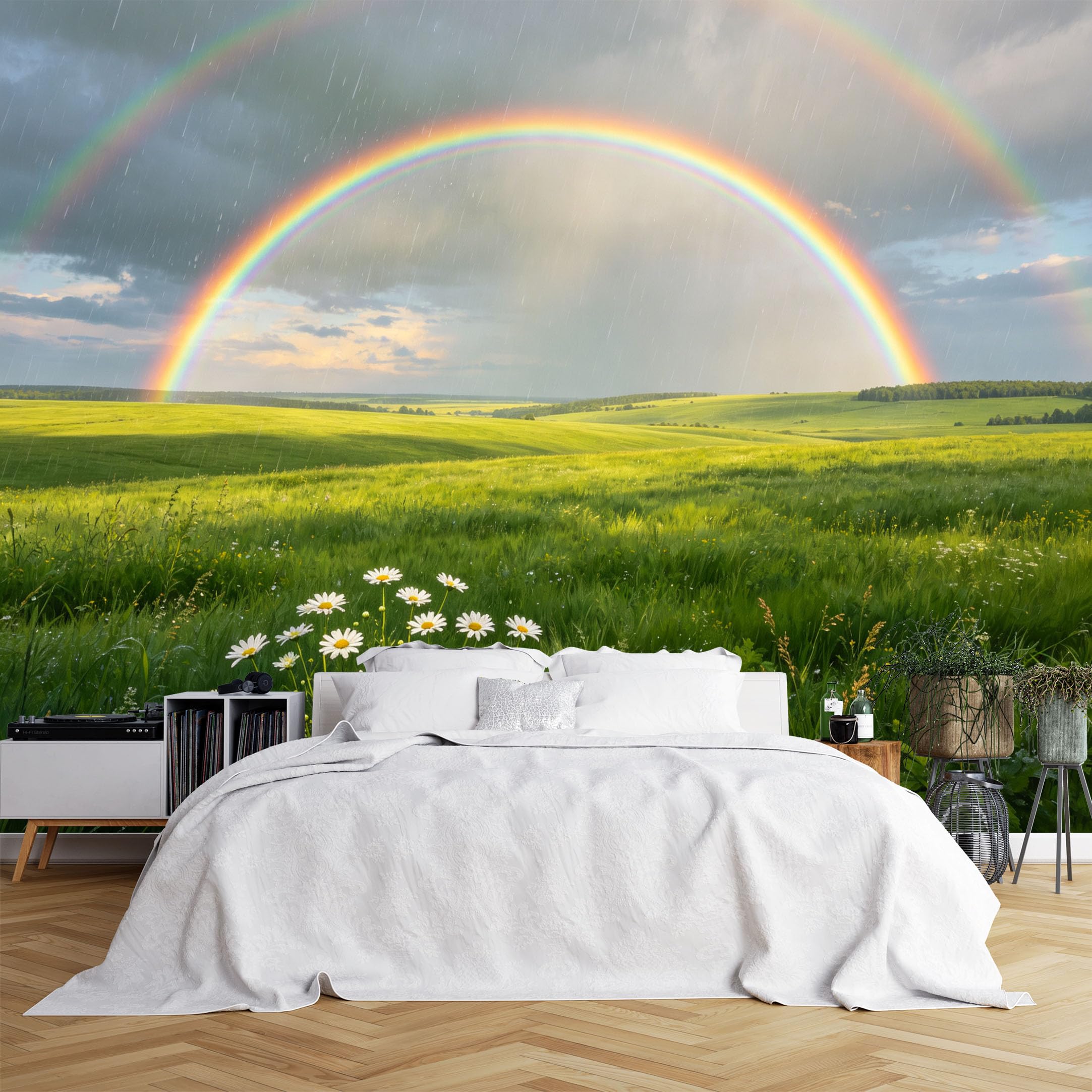 Lcythiazole Ch260615101 Custom Size Wall Murals Double Rainbow Rainy Grass Daisy Field Wall Murals Vivid Nature Wallpaper Large Photo Wallpaper Self-Adhesive Removable Wallpaper For Bedroom