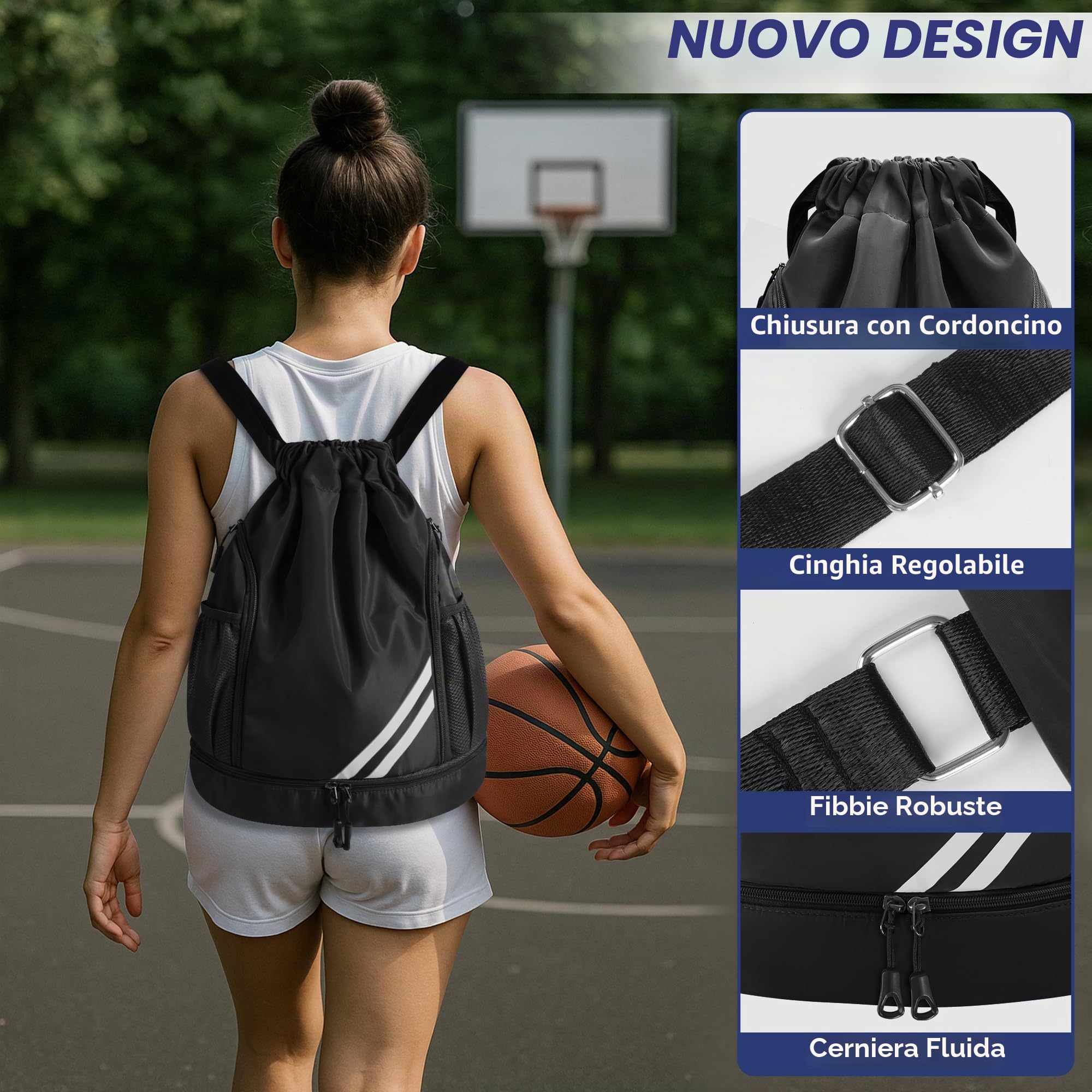 Sacca sportiva per uomini, donne e bambini, con compartimento scarpe separato, tasca principale e tasca interna, sacca palestra per basket, calcio, yoga e nuoto, zainetto sportivo