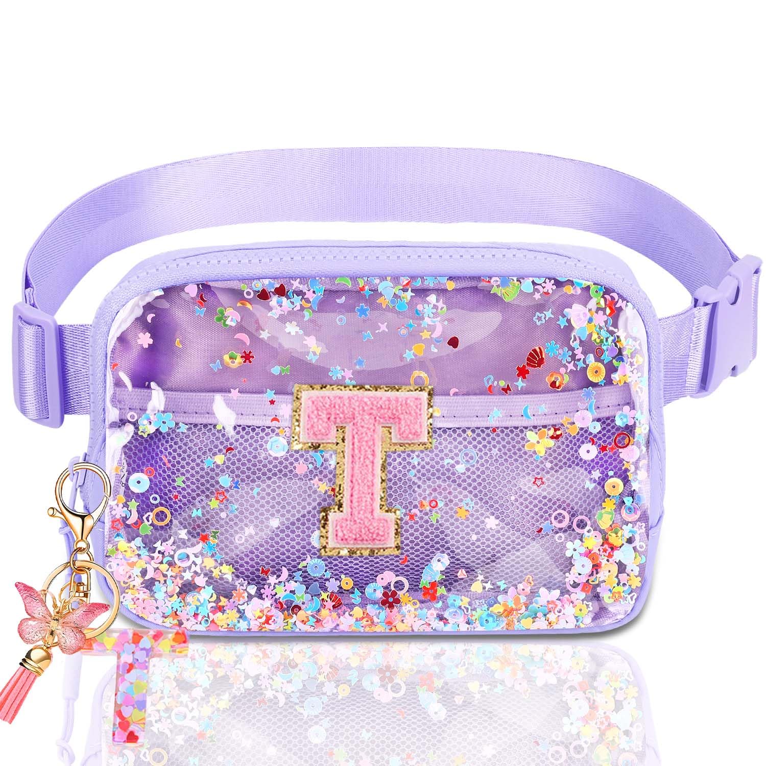 Initial Fanny Pack for Girls - Belt Bag for Teens Kid Teen Girl Kid Birthday Gift Clear Purple T