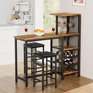VECELO 3-Piece Bar Table and Chairs Set with Storage Shelves, Cup Holders, and Wine Rack, Brown