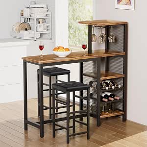 VECELO Bar Table and Chairs Set for 2, 3-Piece Dining Set with Storage Shelves, Cup Holder & Wine Rack, PU Leather Cushion Stools, for Kitchen Small Space, Brown