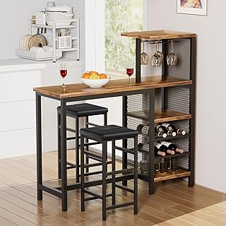 VECELO Bar Table and Chairs Set for 2, 3-Piece Dining Set with Storage S...