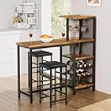 Bar Table and Chairs Set for 2, 3-Piece Dining Set with Storage Shelves, Cup Holder & Wine Rack, PU Leather Cushion Stools, for Kitchen Small Space, Brown