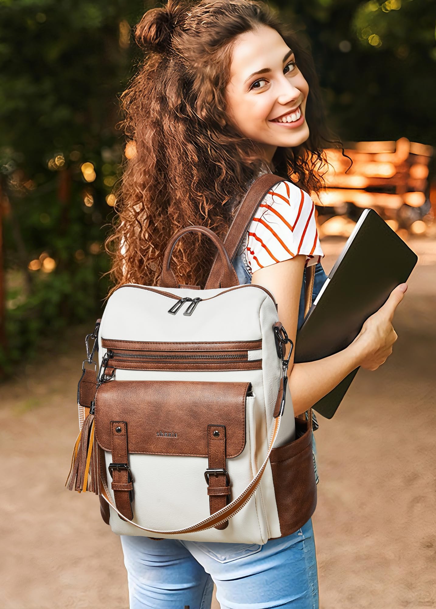 Shirre Beige mit braunem Rucksack Handtasche für Frauen kleine Leder Mode Designer Handtasche Rucksack wasserdicht verurteilt Schultergurte Rucksack Reise Laptop Tasche für Business & College