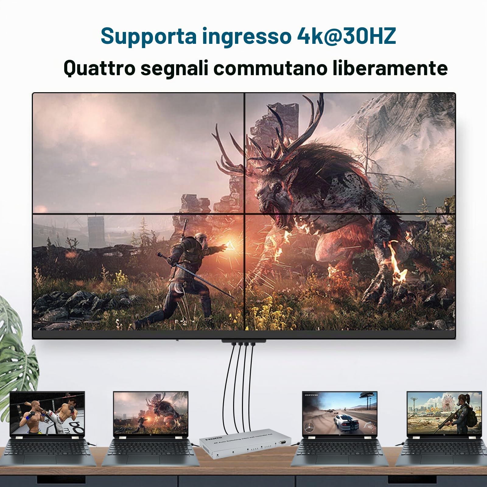 4X4 Audio Matrix Switch/Splitter, 4k Video Wall Controller,4 HDMI in 4 HDMI Out Switcher, 3.5mm Out Audio Swith EDID, Support IR Remote, Button Press, RS232, 4k@30HZ, 1080P 3D, HDCP, YUV 4:4:4 4K