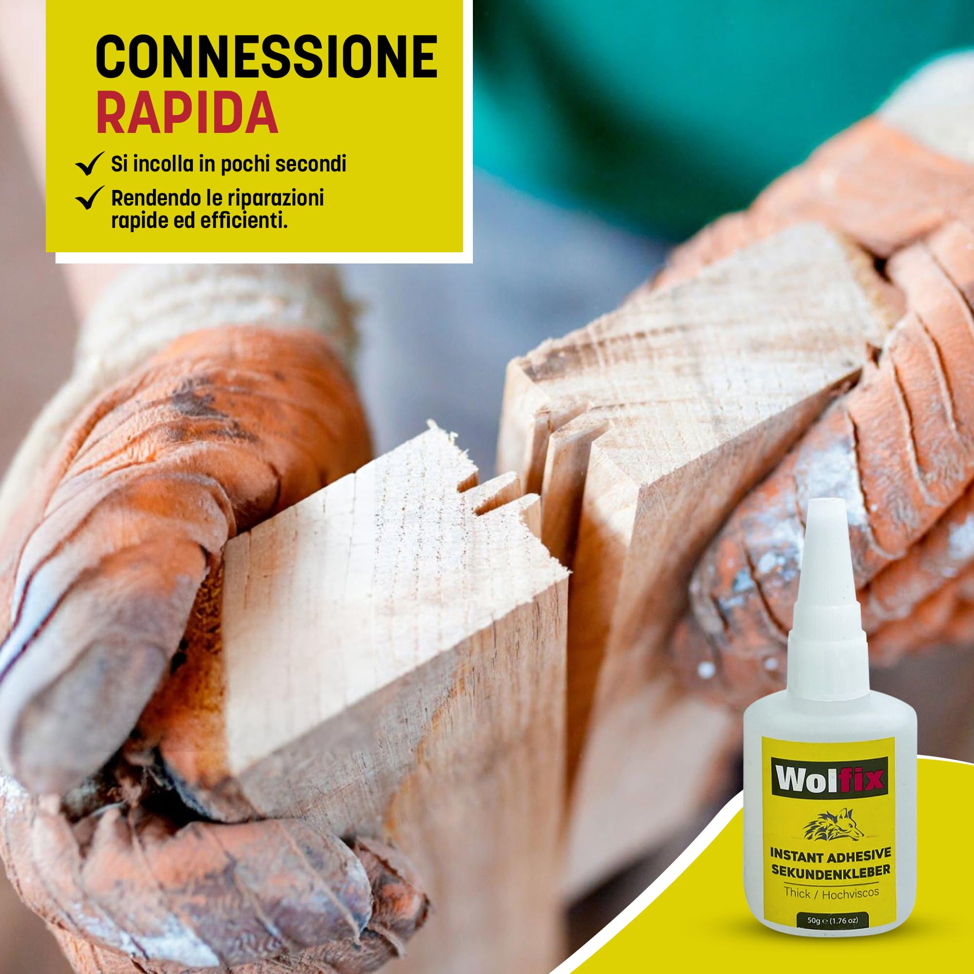 Wolfix Colla Cianoacrilica 50gr – Adesivo Istantaneo Colla Forte per Plastica, Legno, Metallo e Ceramica – Super Attack Extra Forte per Riparazioni Professionali e Fissaggi Precisi