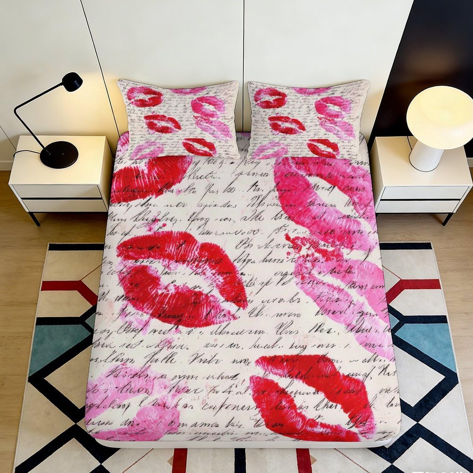 Uxinyoume Style-6 3D Printed Red Lip Pattern Fitted Sheet Microfiber Soft Bedroom Decor Pink Kiss Bed Cover Machine Washable 90X200x25cm