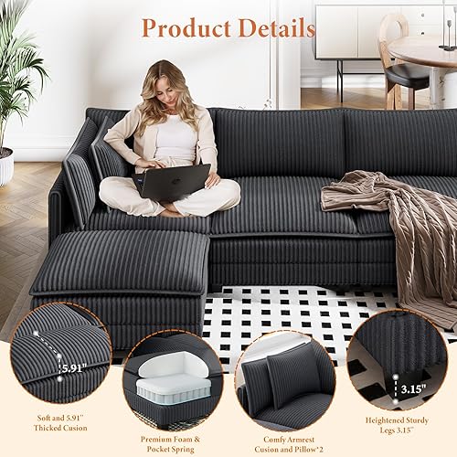 Miniatura 3 de Vesgantti - Sofá modular de nube en forma de U de 109 pulgadas, cómodos sofás modulares tapizados de pana para sala de estar, sofá modular moderno