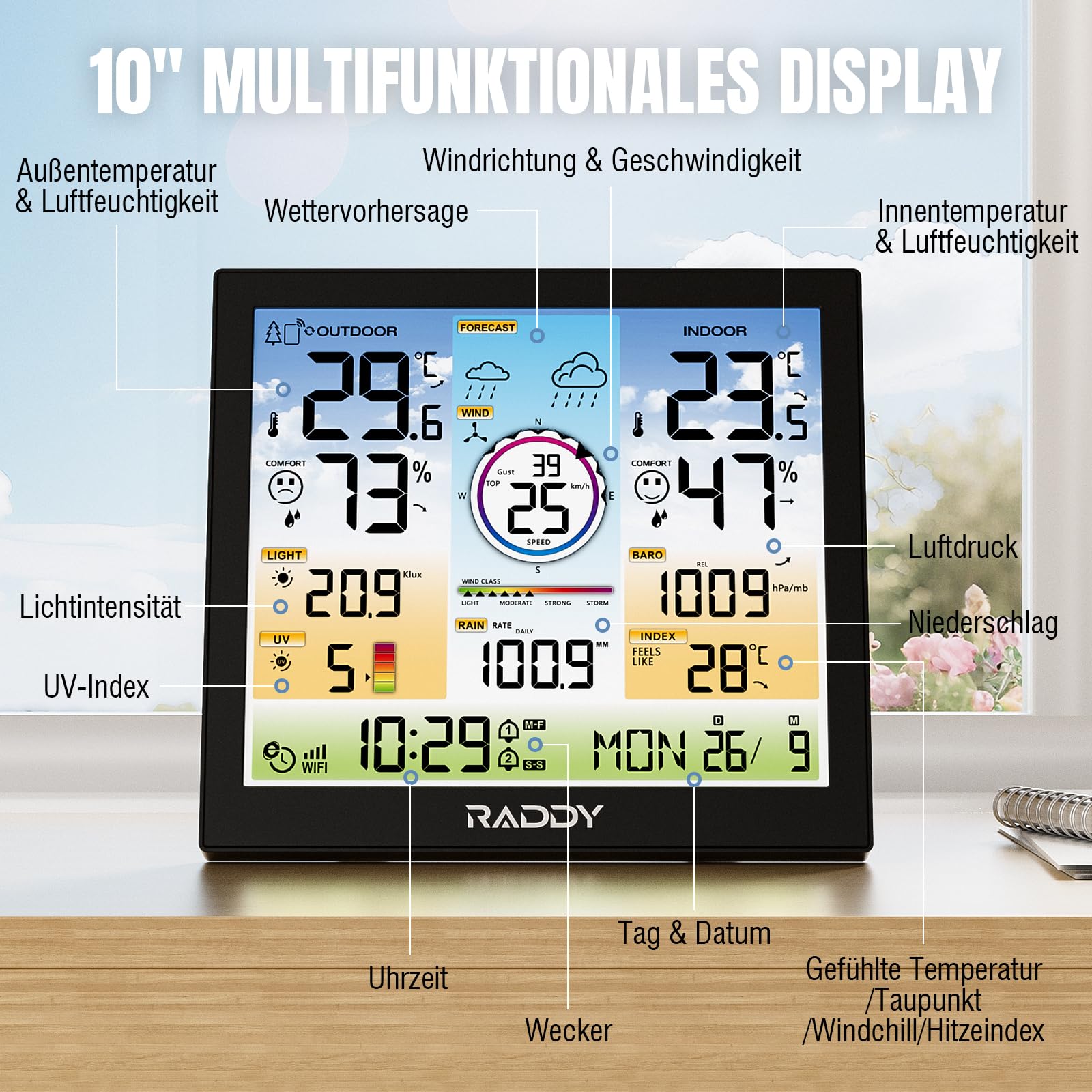 Raddy WF-120C WLAN Wetterstation mit 7-in-1 Außensensor, 10" Farbdisplay, Regenmesser, Windmesser, UV- & Lichtindex, Innen- und Außenthermometer, Wettervorhersage, Luftfeuchtigkeit & Luftdruck