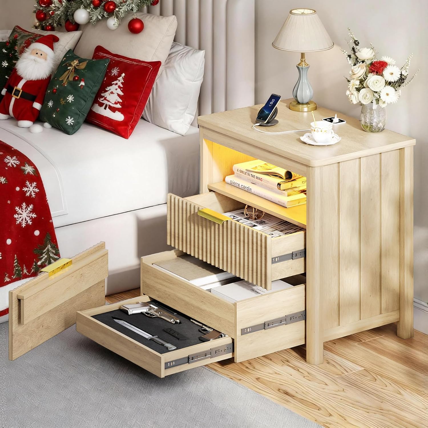 Lvifur 24" Wide LED Nightstand with 3 Drawer and Auto Sensor for Bedroom Natural,Modern Wood Bedside Table with 3 Color Light and USB&Type-C Smart End Table for Office