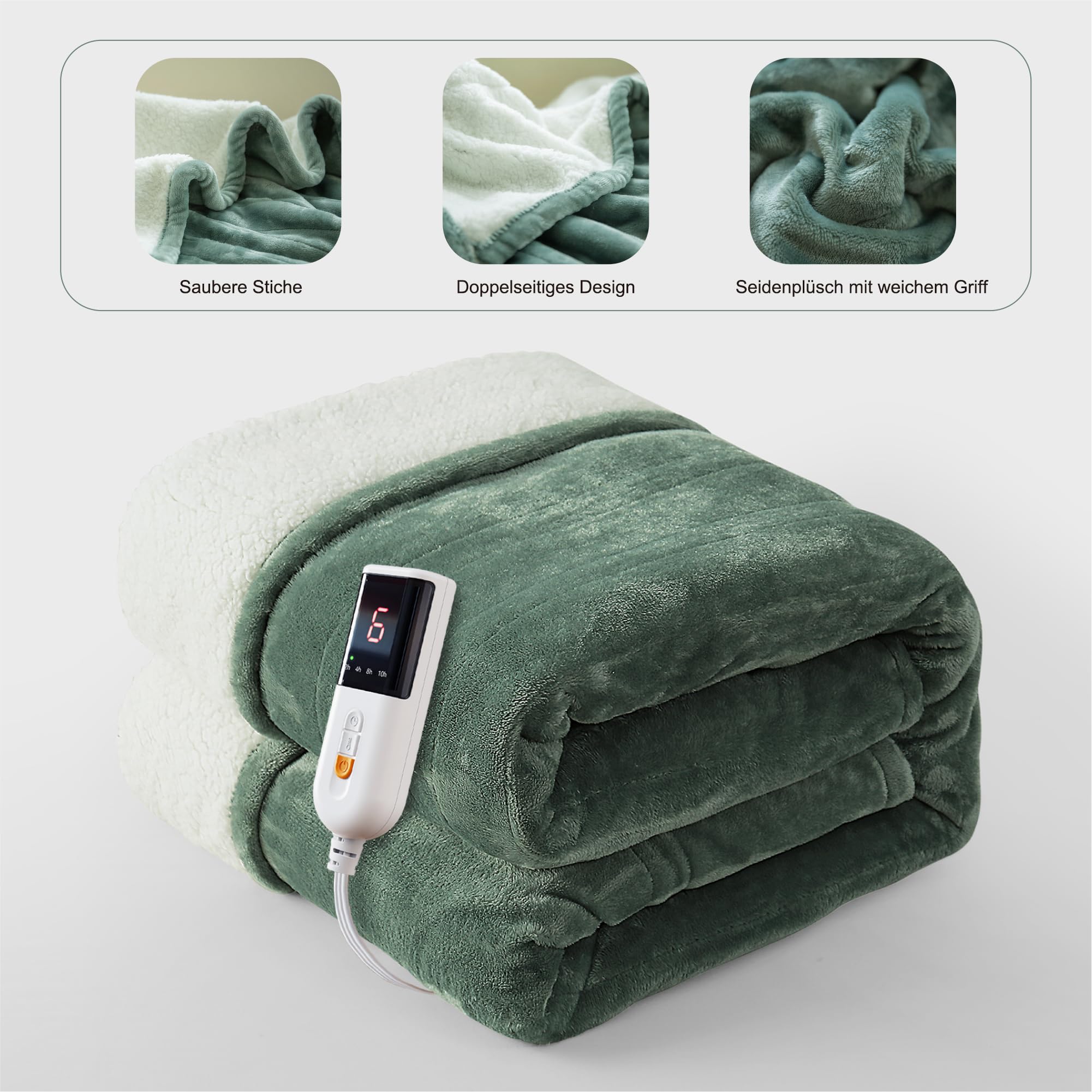GOTCOZY Coperta Elettrica Termica 130x180cm - Coperta Riscaldante Elettrica Morbida con 6 Livelli di Temperatura Timer di Spegnimento Automatico 10 ore Risparmio Energetico(Verde)