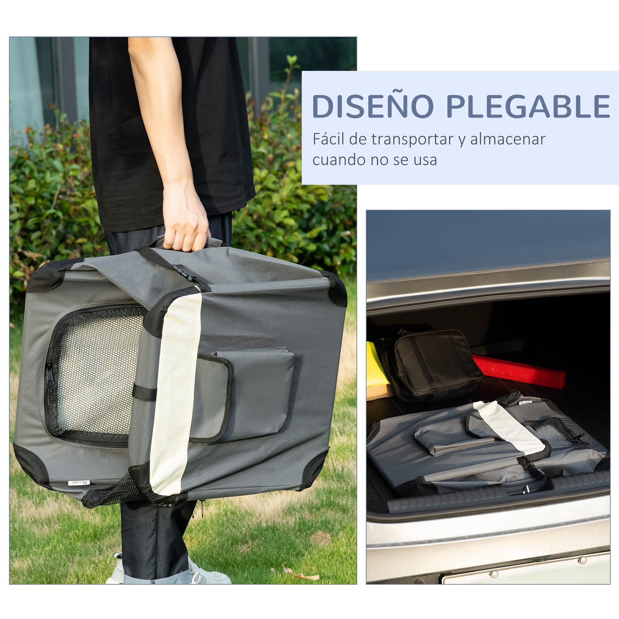 PawHut Transportín para Perros Plegable 60x41x41 cm Transportín para Mascotas con Ventanas Cojín Suave y 2 Correas del Hombro Bolsa de Transporte para Mini Perros Gatos Gris