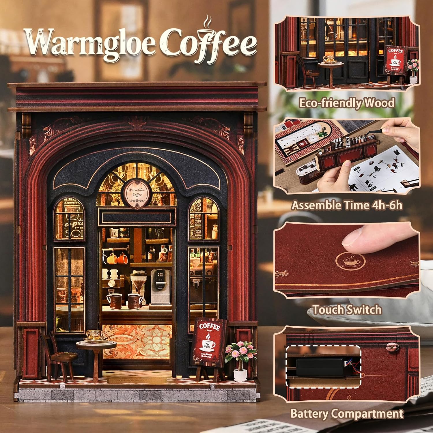 DIY Book Nook Kit, Warmglow Coffee Dollhouse Miniature with LED Light | Dust Cover, 3D Wooden Puzzle Bookend Stand, Creative Gifts for Adults and Teens 14+, Vintage Coffee Shop Home Decor (220 Pcs)