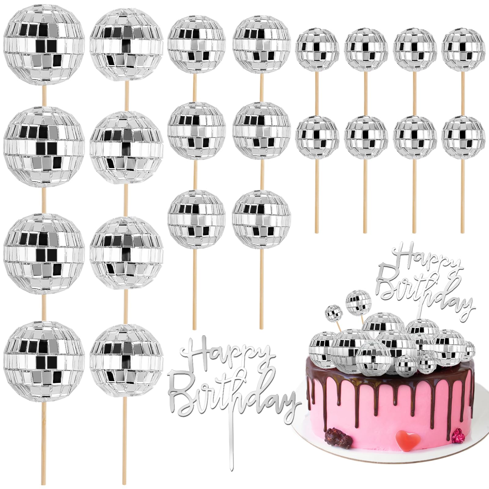Photo 1 of Soelomu 23Pcs Silver Disco Ball Cake Toppers with Happy Birthday Pick