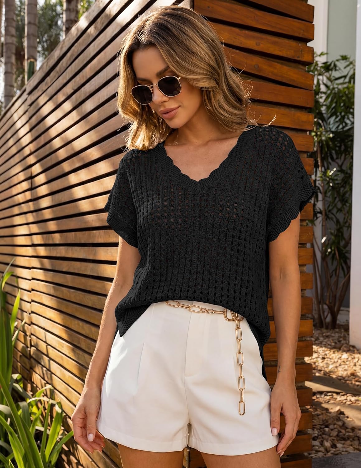 ZESICA Women's Spring Tops 2026 Summer Shirts Crochet V Neck Cap Sleeve Sweater Cute Casual Beach Vacation Clothes - Image 4