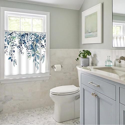 Miniatura 3 de Shower Window Curtain, Watercolor Blue Eucalyptus Small Short Waterproof Bathroom Window Curtain with Hooks, 40x36 Inch