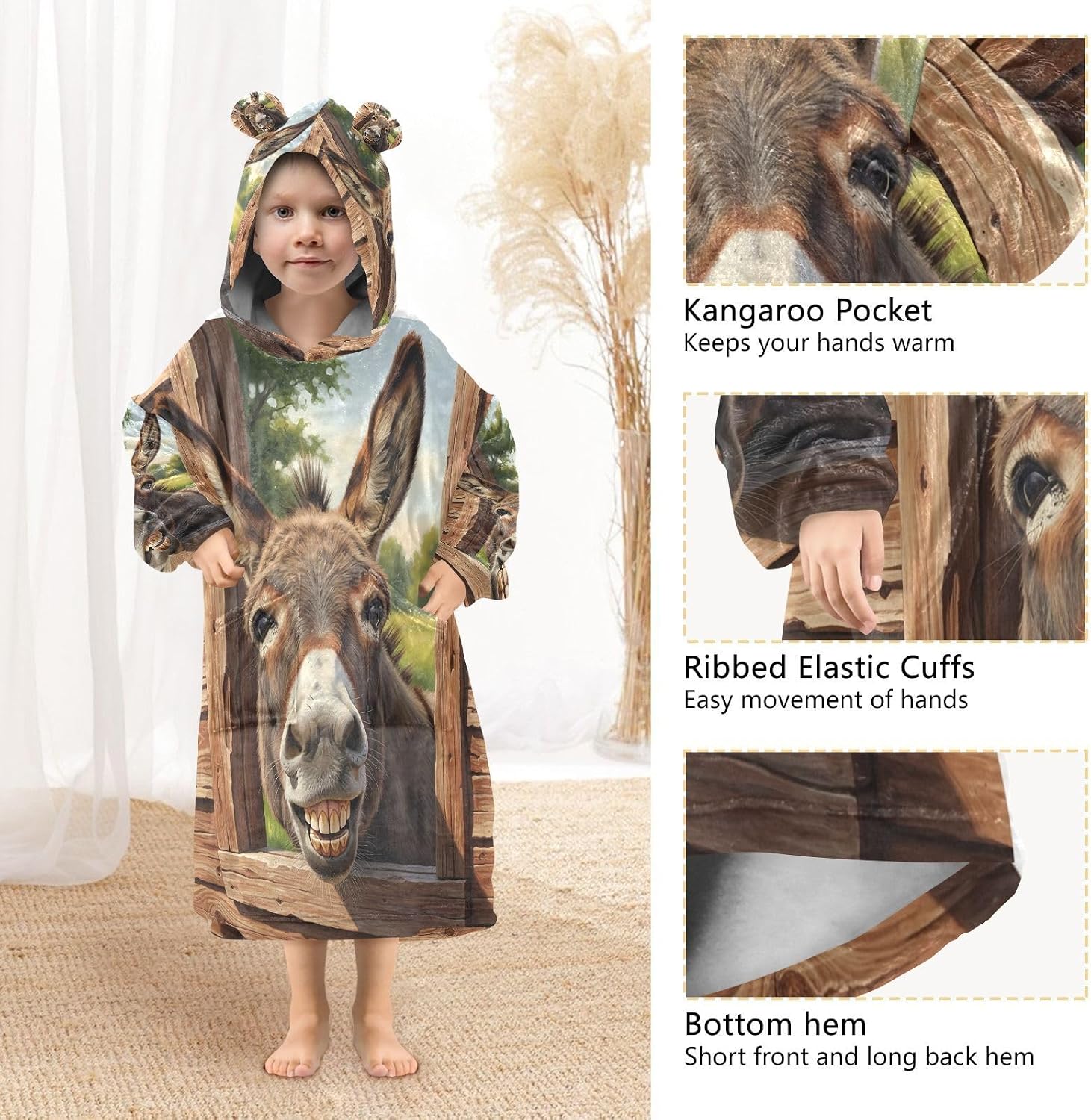 Kigai Cute Donkey Wearable Blanket Hoodie for Kids Oversized Hooded Sweatshirt Flannel Blanket with Pocket