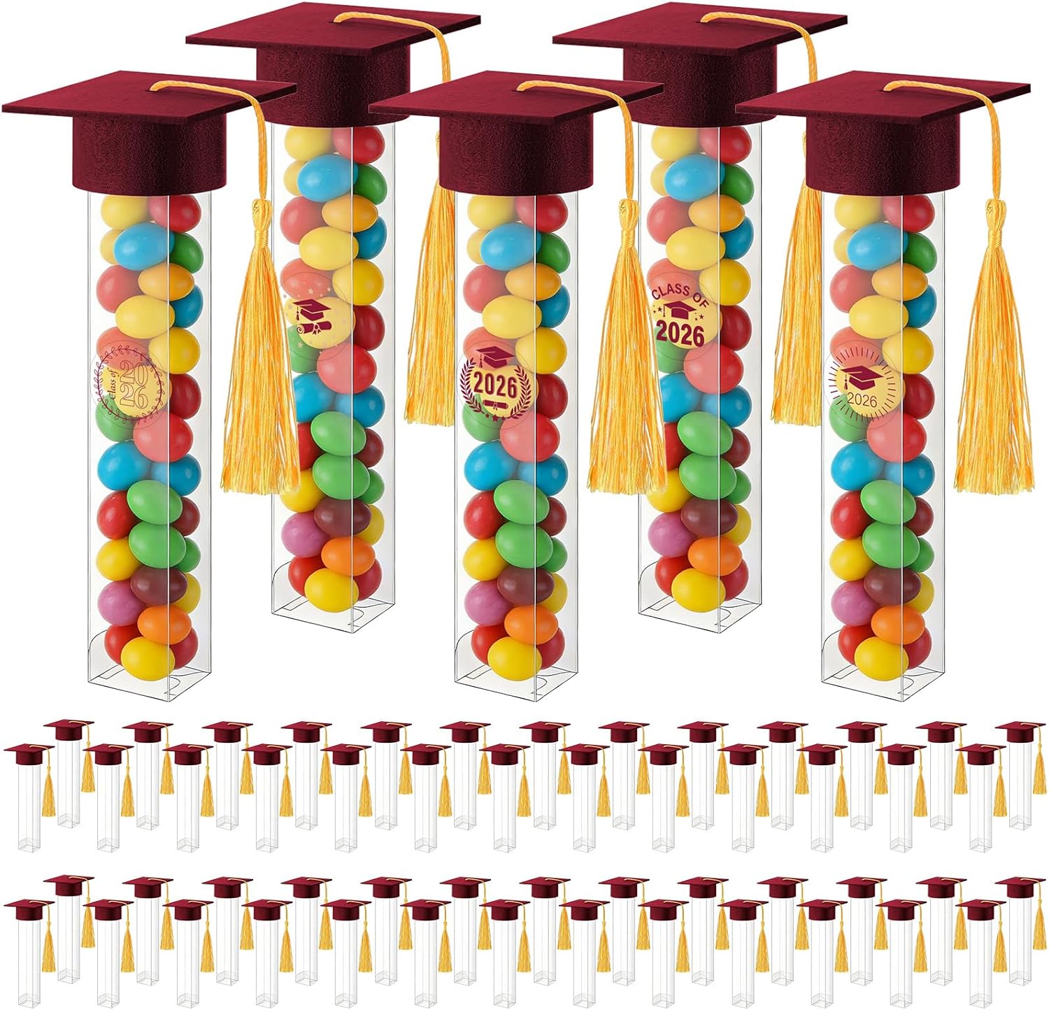 2026 Graduation Candy Tubes 50 Pcs Graduation Candy Containers and 50 pcs Mini Caps Grad Cap Candy Box with Stickers Graduation Supplies Graduation Party Favors (Black)
