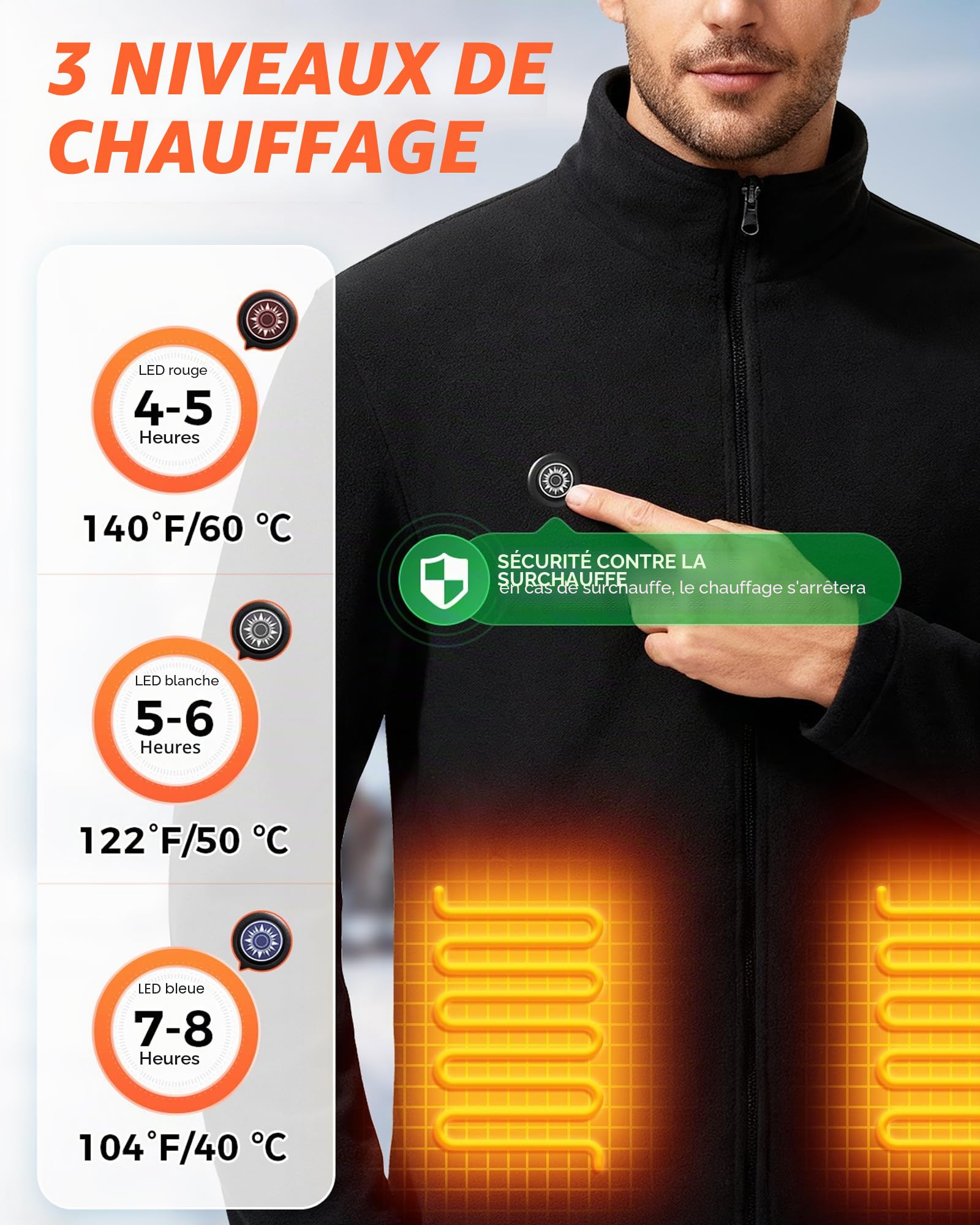 Gilet Chauffant Hommes Femmes Électrique Veste Chauffante Batterie USB 10000mAh 3 Niveaux Chauffage 9 Zones Réchauffeurs