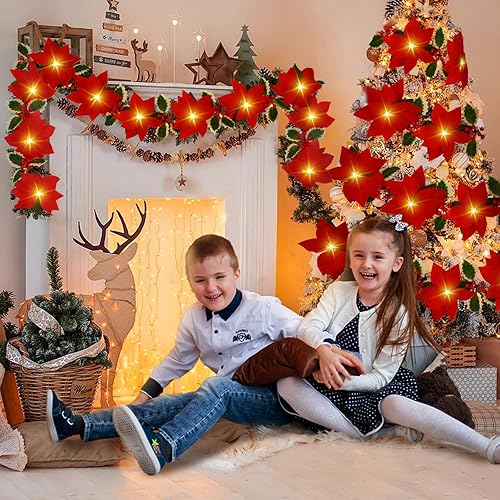 Miniatura 2 de 2 guirnaldas de Navidad decorativas  7.5 pies de flores de Pascua artificiales iluminadas con temporizador, guirnalda de Navidad para decoración de