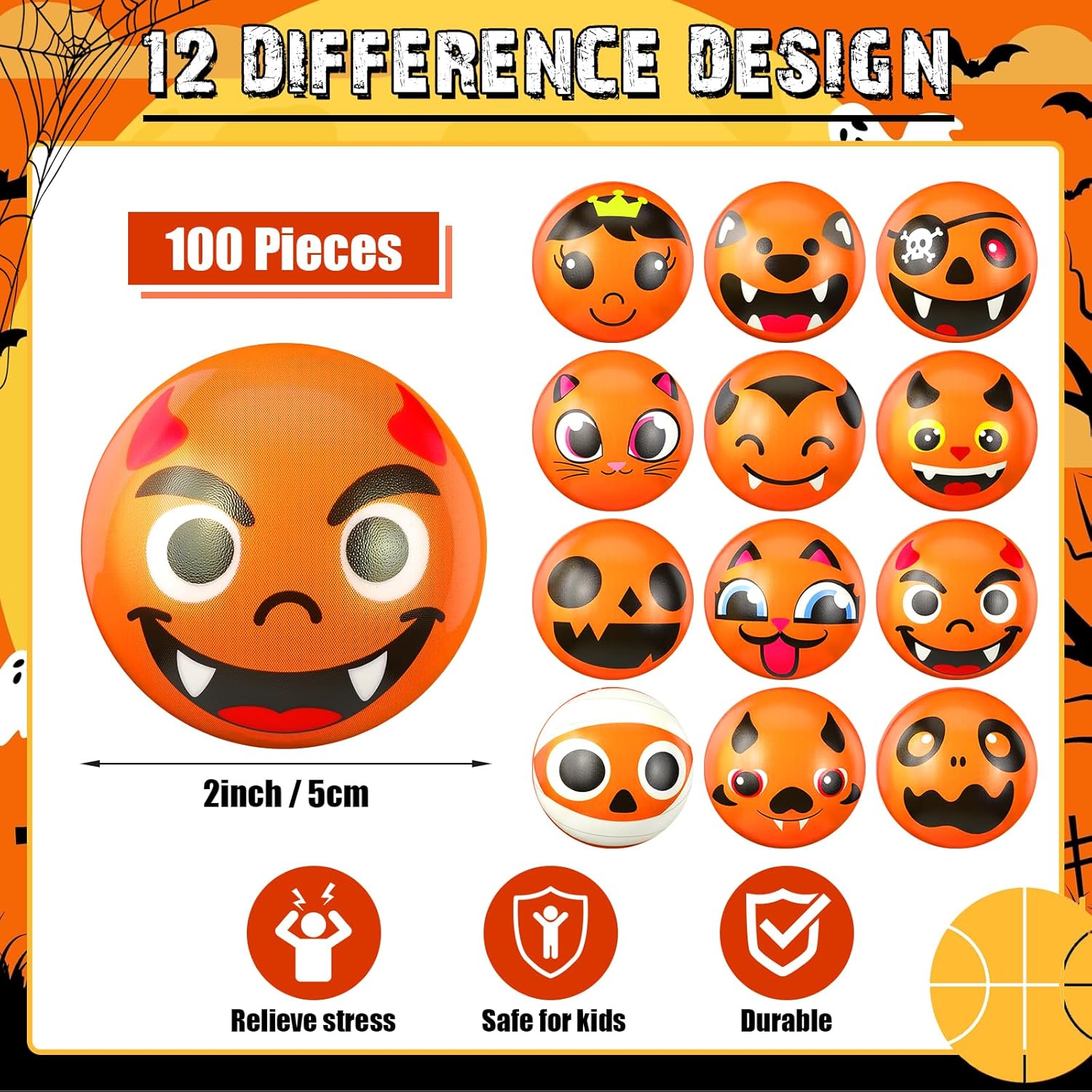 Libima 100 Pcs Mini Face Basketball Stress Balls Bulk 2 Inch Foam Sports Squeeze Balls Small Funny Anxiety Relief Toy for Kid Adult School Gift Class Prizes Party Decoration Supplies (Orange)