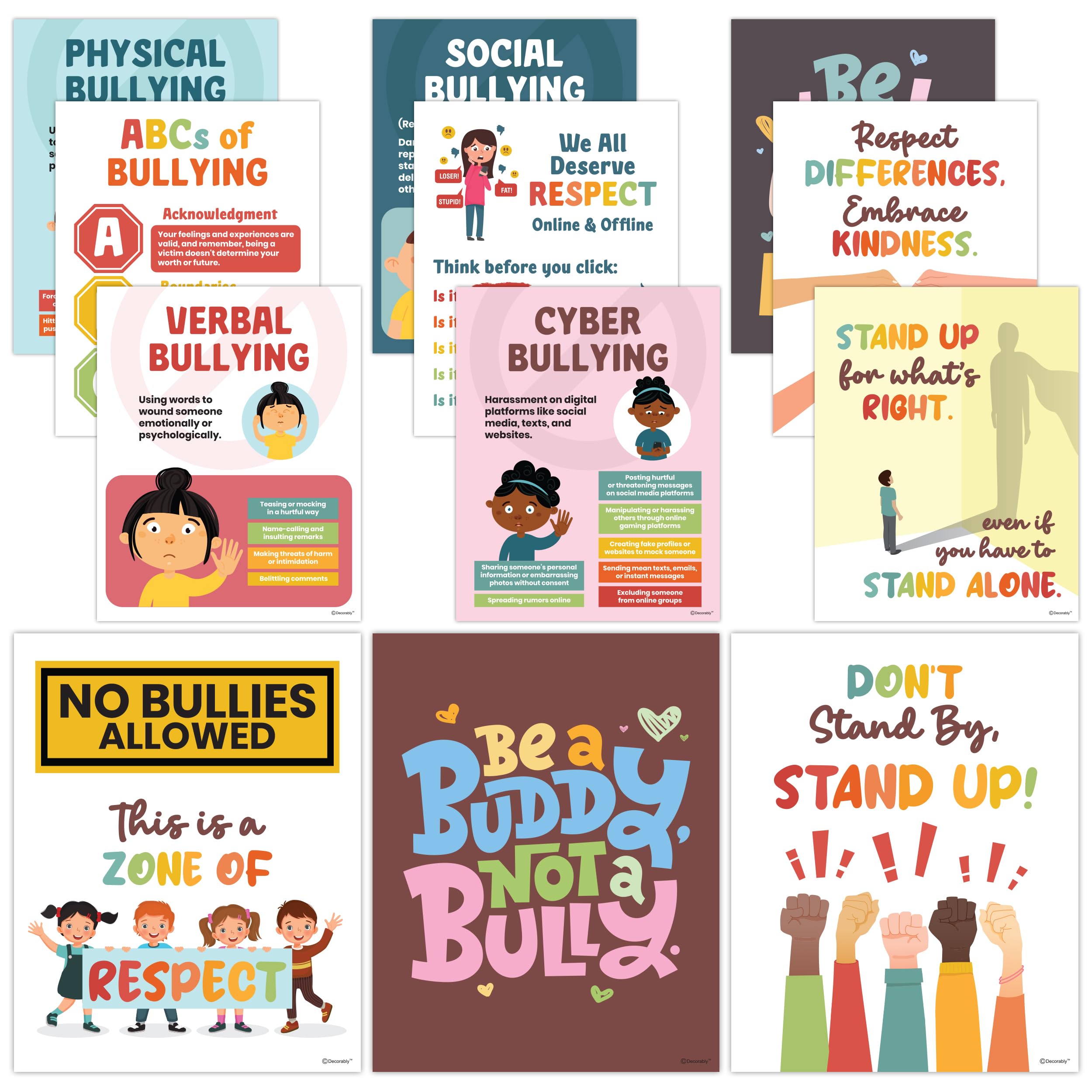Decorably 12 Anti Bullying Posters for Classroom, 11x14in Matte-Laminated Educational Anti Bullying Posters for Schools - Classroom, Bulletin Boards, Home Study Room