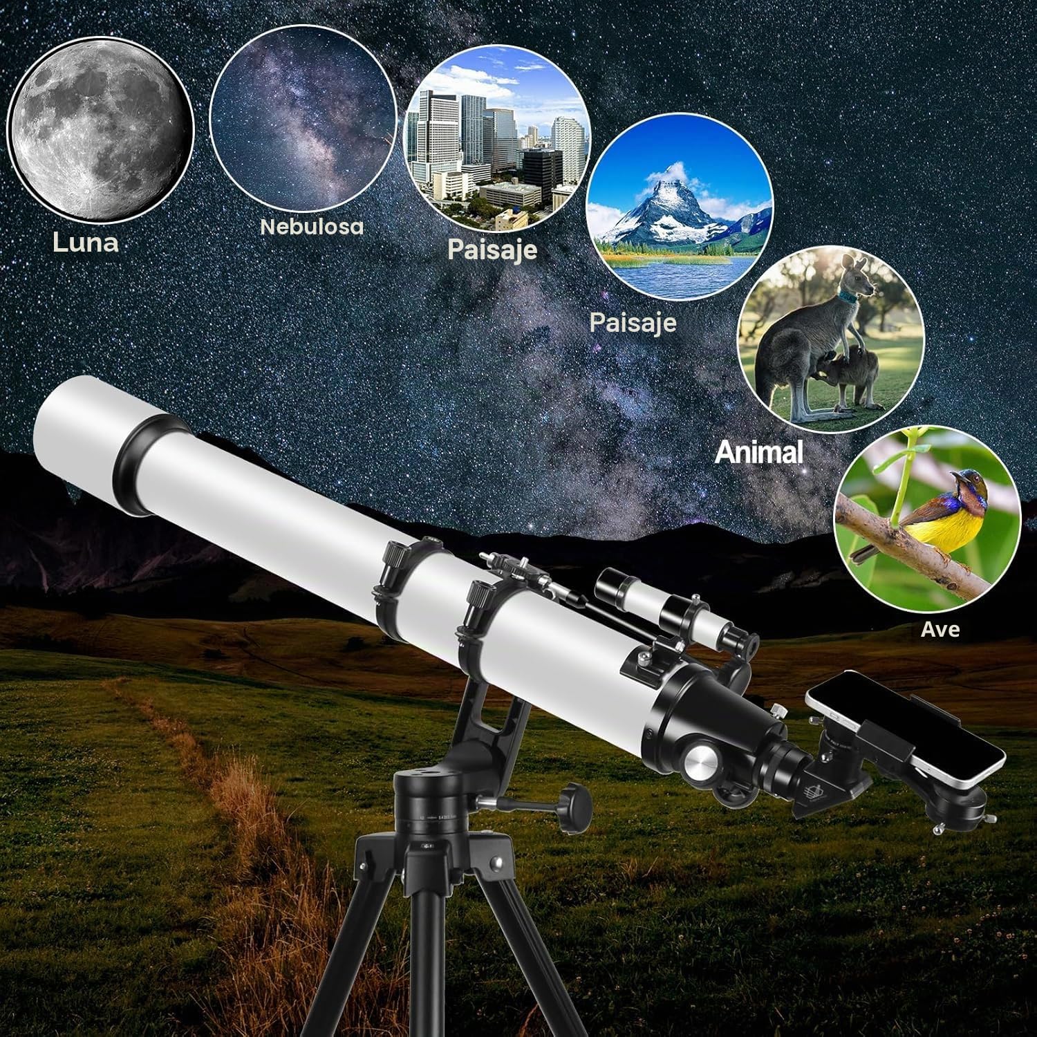 Celticbird Telescopico 90mm Apertura 1000mm Refractor para Adultos astronomía Principiantes niños con Ajuste de Alta precisión