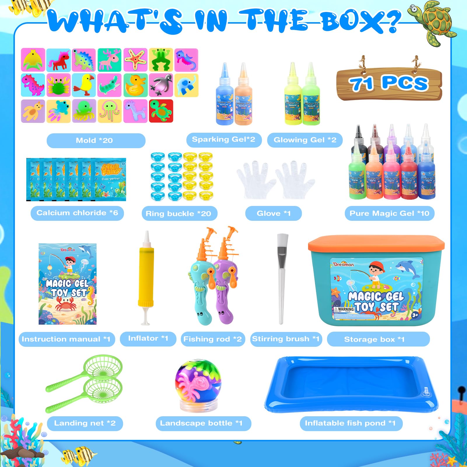 Dreamon Aqua Gelz Set, 71PCS Magic Jelly Set con 14 Gel Colorati, 2 Canne da Pesca, Giocattolo Educativo per Bambini 3+ Anni, Regalo DIY Ragazzi e Ragazze
