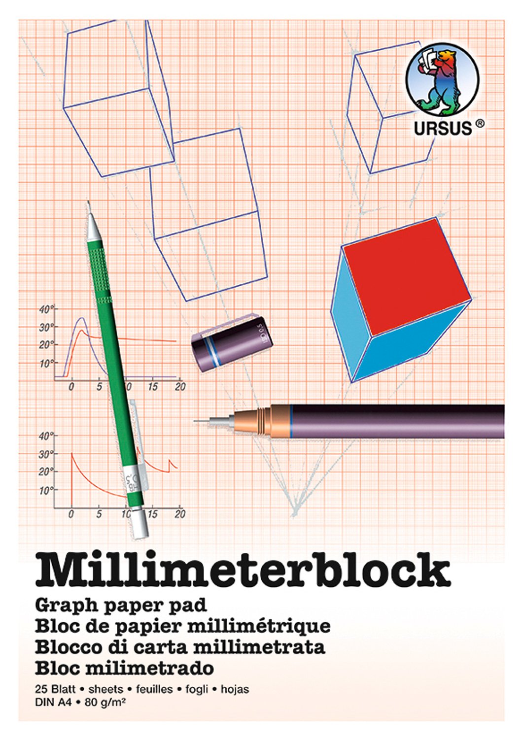 Ursus 7054600 – blok milimetrowy, DIN A4, 80 g/m², 25 arkuszy, siatka 1 mm, czerwony druk, z siatką siatkową, z bezdrzewnego białego papieru do pisania, idealny do rysunków technicznych